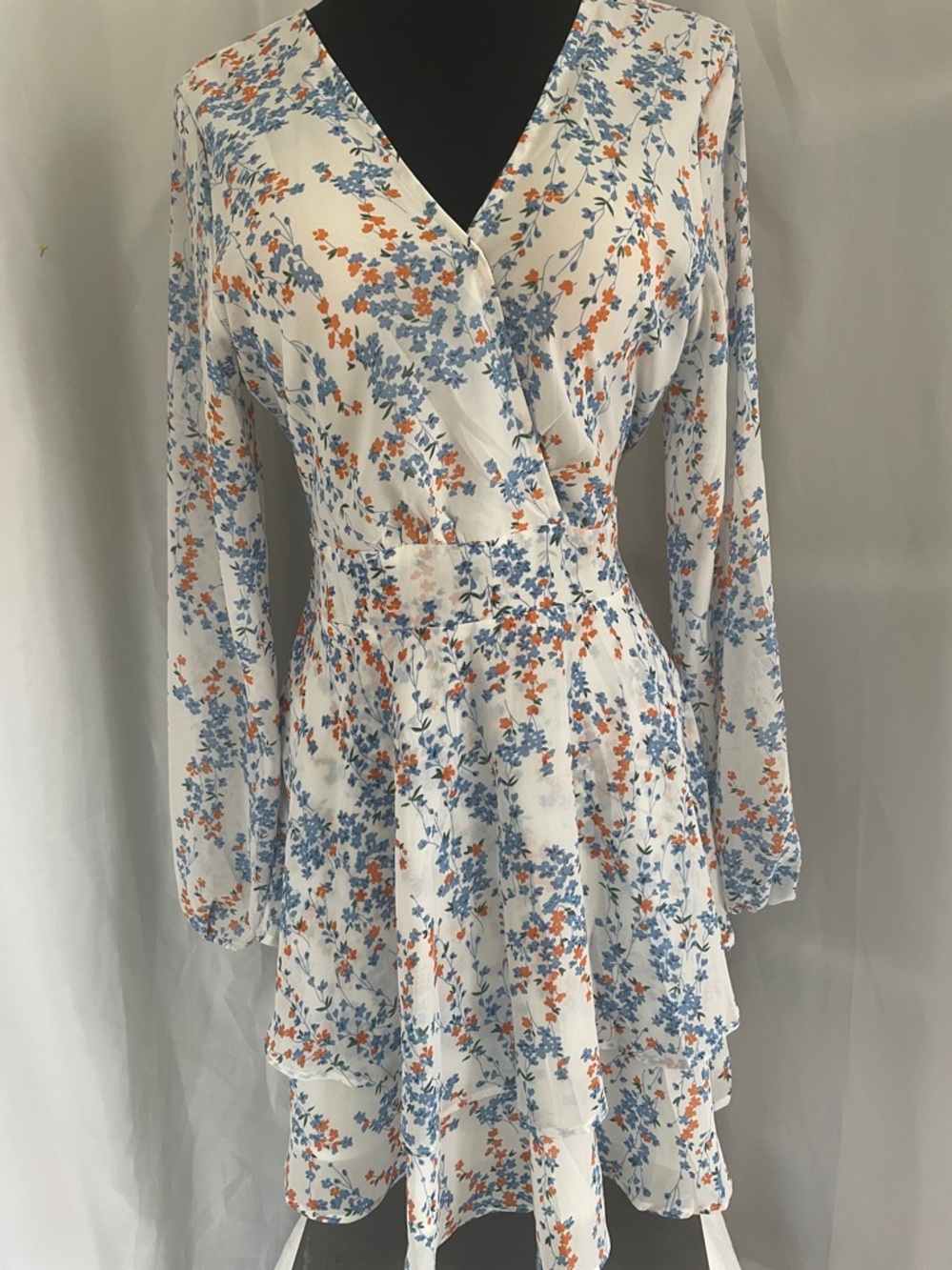 Floral Tiered Wrap Dress - Blue & Orange, size Large, Pit to Pit 20, Length 34